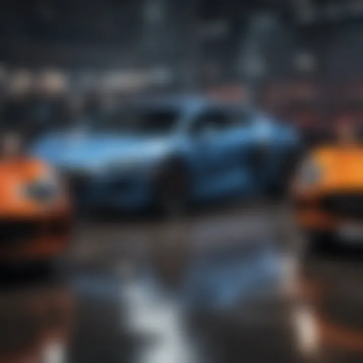 A diverse range of vehicles displayed at an auto show, representing various segments.