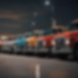 A diverse lineup of budget-friendly trucks parked in a dealership, showcasing various models.