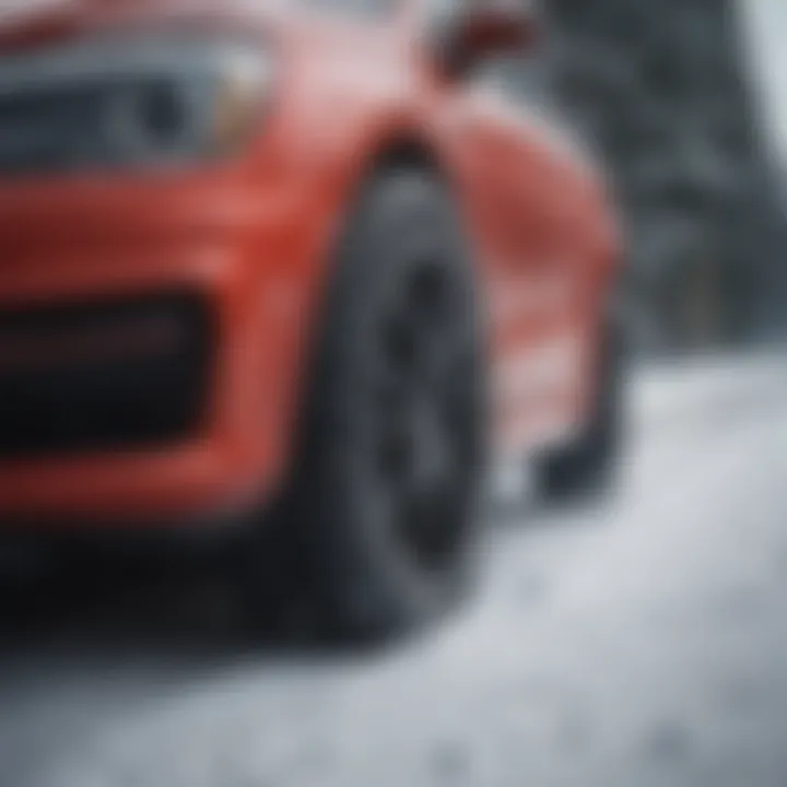 Vehicle equipped with all-season snow tires navigating snowy road