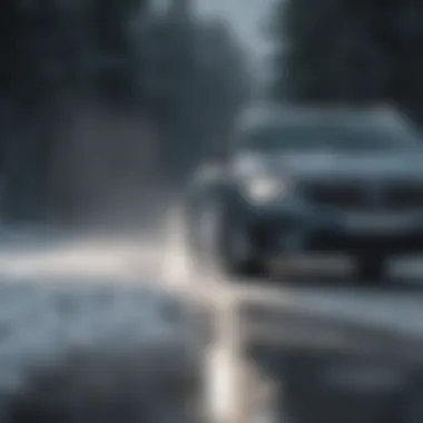 Bosch winter blades in action during a snowstorm on a vehicle's windshield.