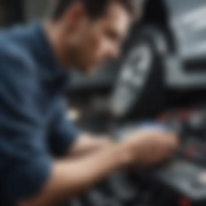 Close-up of a mechanic using a car analyzer.