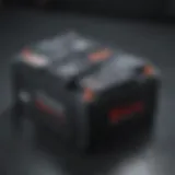 A close-up view of a lead-acid battery with terminals exposed.