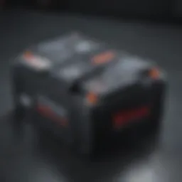 A close-up view of a lead-acid battery with terminals exposed.