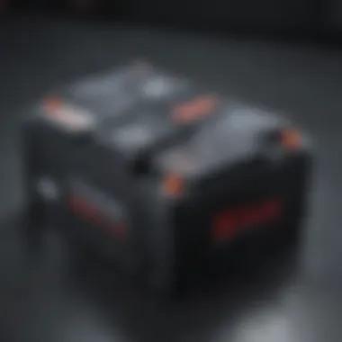 A close-up view of a lead-acid battery with terminals exposed.
