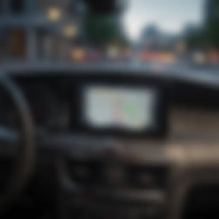 A close-up view of a car's GPS navigation screen displaying real-time data and directions