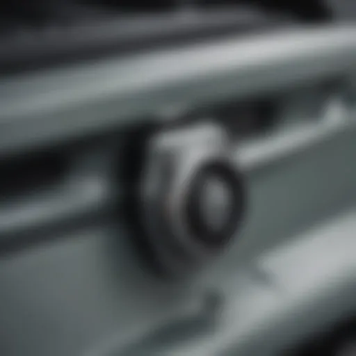 Close-up view of a Jeep style hood latch showcasing its robust design and functionality.