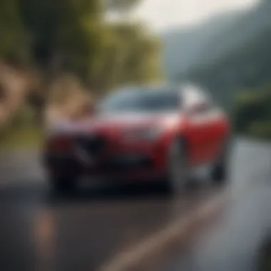 Performance of the Alfa Romeo Stelvio Alfa Romeo Stelvio in action on a scenic road, highlighting its performance.