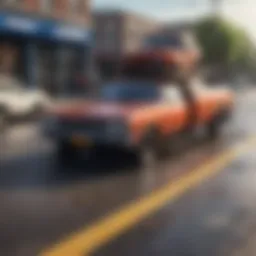 A car being towed away by a tow truck on a busy street