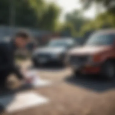 A person reviewing paperwork at a car impound lot