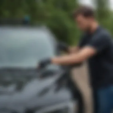 Person installing windshield wipers on a Subaru Forester