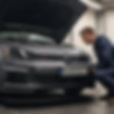 Expert Mechanic's Inspection of Golf R Reliability A mechanic inspecting the Volkswagen Golf R under the hood