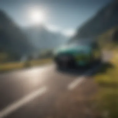 Eco-Friendly Driving Experience An eco-friendly hybrid vehicle driving through a scenic landscape
