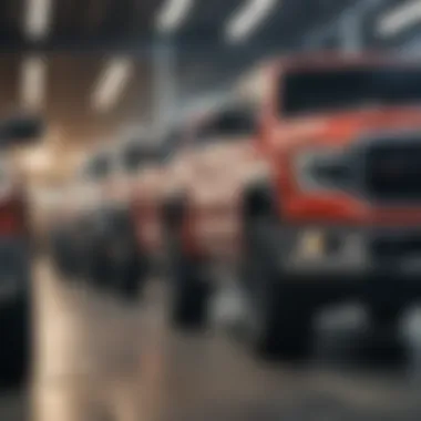 Trucks lined up in a dealership, emphasizing consumer choices