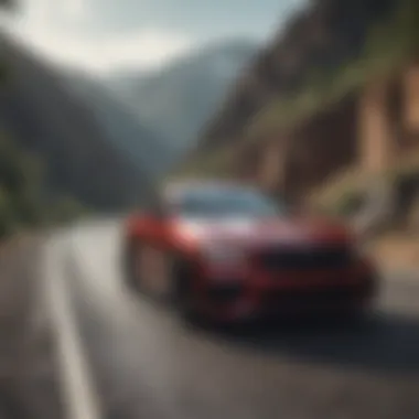 A scenic road with an AWD car driving through it