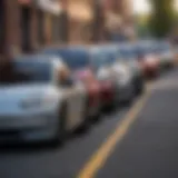 A lineup of affordable electric cars parked on a city street