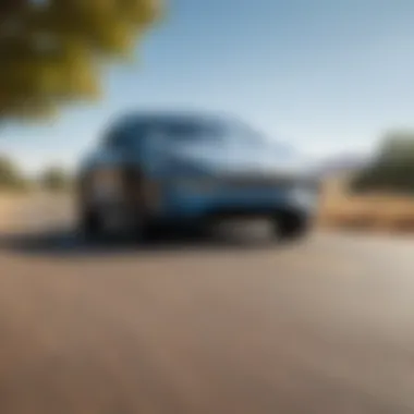 A scenic view of an electric car driving through a countryside road