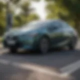 A sleek plug-in hybrid vehicle parked near an urban charging station surrounded by greenery.