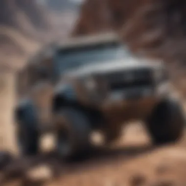 A rugged off-road vehicle navigating through a rocky terrain