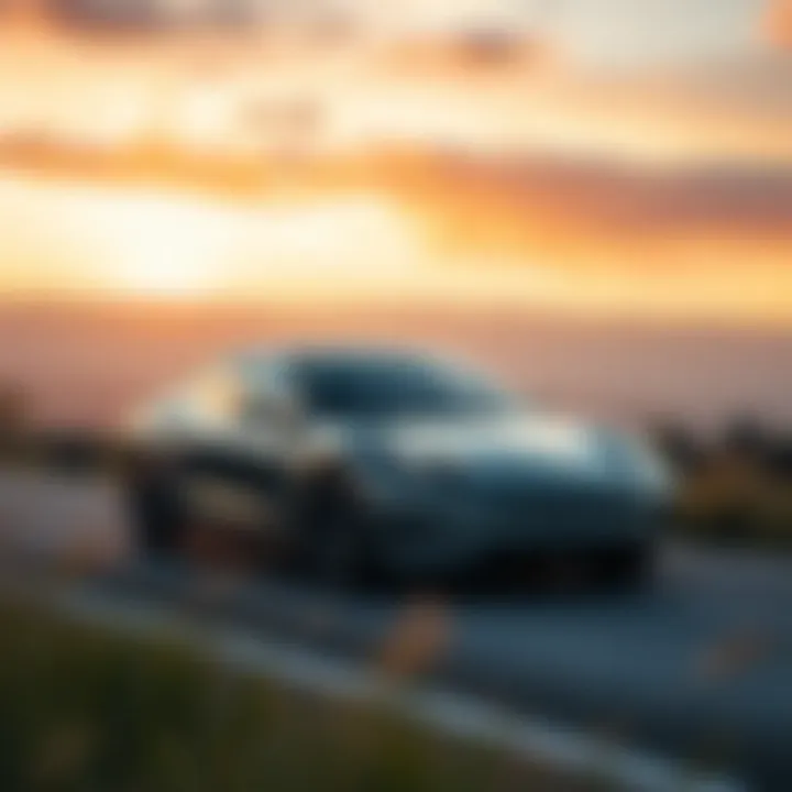 Electric car driving through a scenic landscape