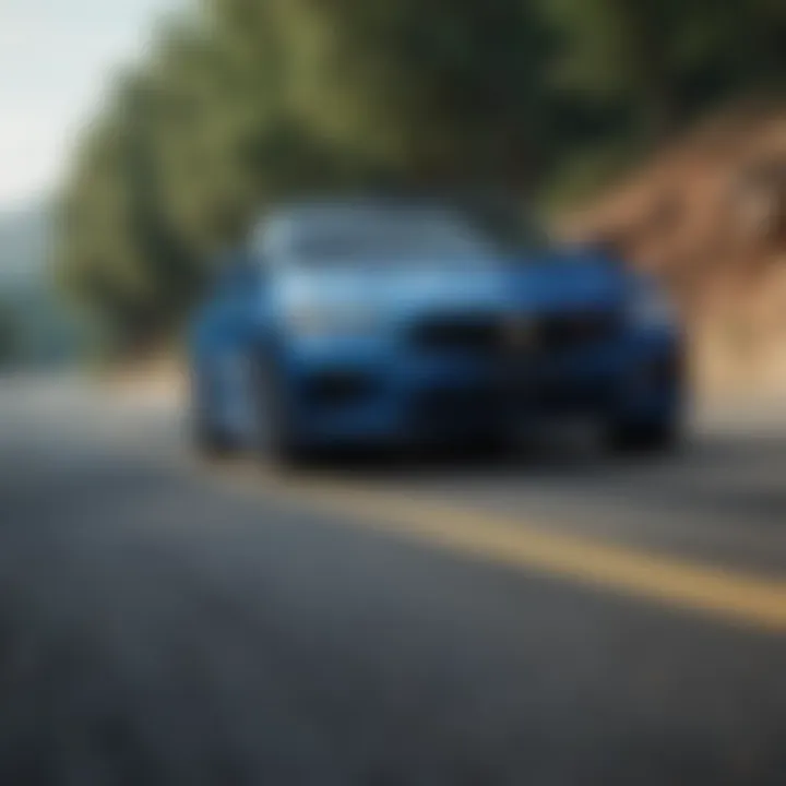 Showcasing the TLX Type S Blue on a scenic road, emphasizing its driving dynamics