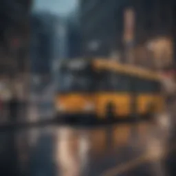 A public transportation bus waiting at a stop.