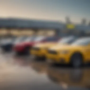 Hertz rental car lot featuring a lineup of Mustangs