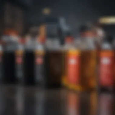Different types of engine oil displayed in containers