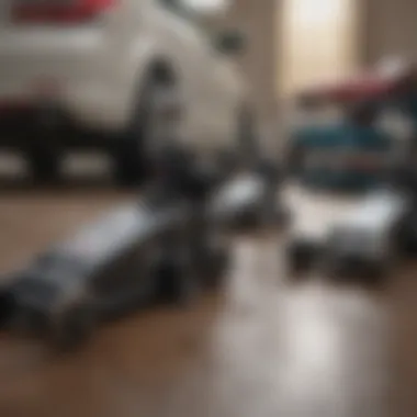 Different types of floor jacks lined up for comparison.