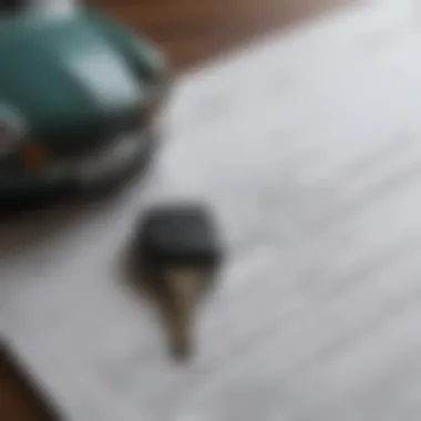 A close-up of a car key and insurance documents.