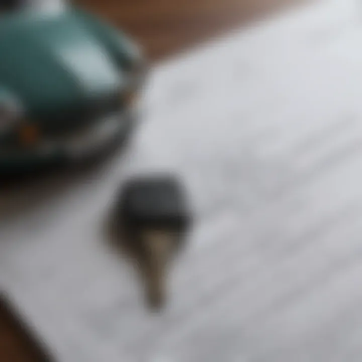 A close-up of a car key and insurance documents.