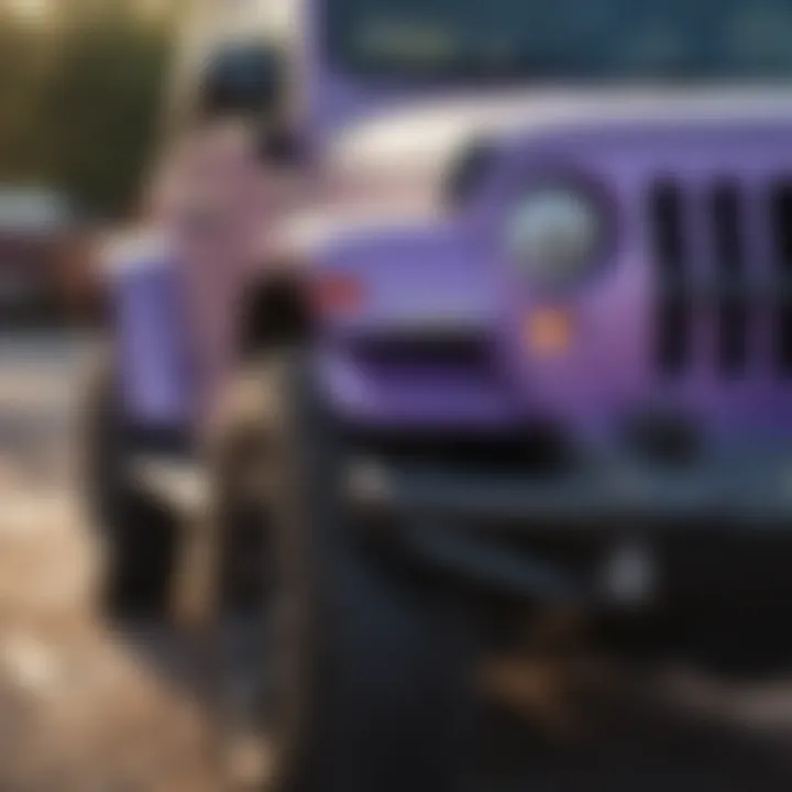 Close-up of Lavender Jeep Wrangler's distinctive exterior features