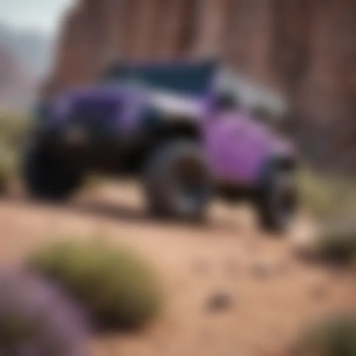 Lavender Jeep Wrangler navigating rugged terrain