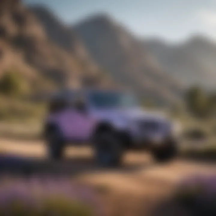 Lavender Jeep Wrangler parked in a scenic landscape