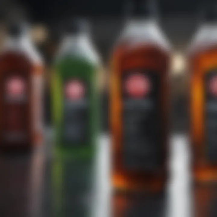 Different types of motor oil displayed in bottles