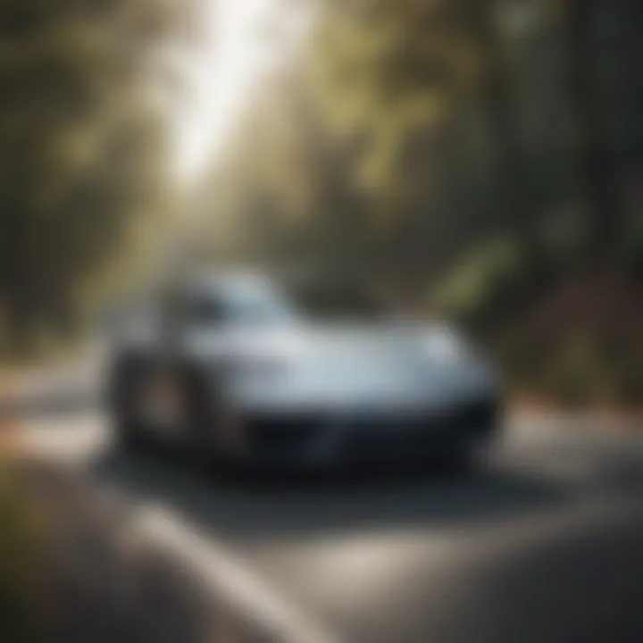 A Porsche car in motion on a scenic road, emphasizing its performance capabilities.