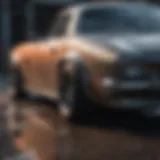 Close-up of a spray painting technique showcasing precise application on a car surface.