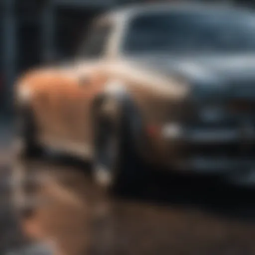 Close-up of a spray painting technique showcasing precise application on a car surface.