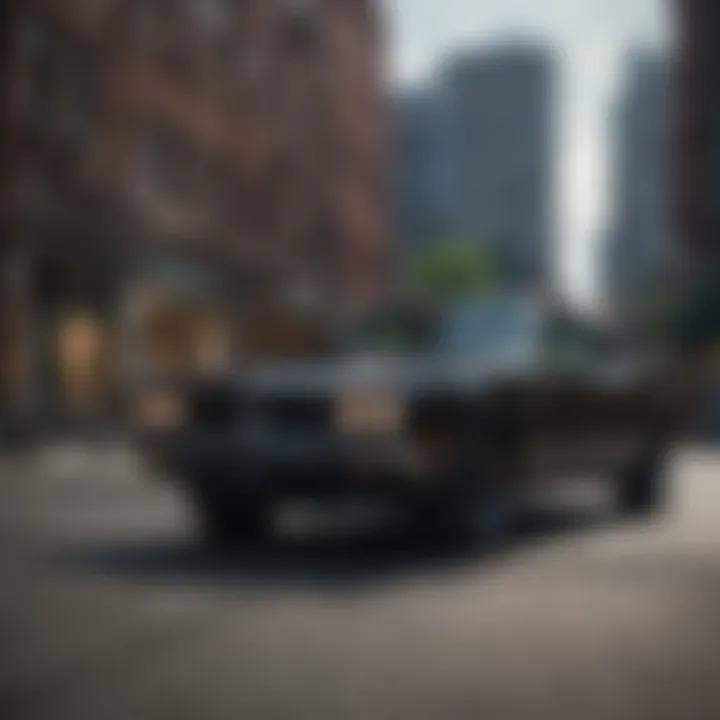 Black Dodge car parked against an urban backdrop