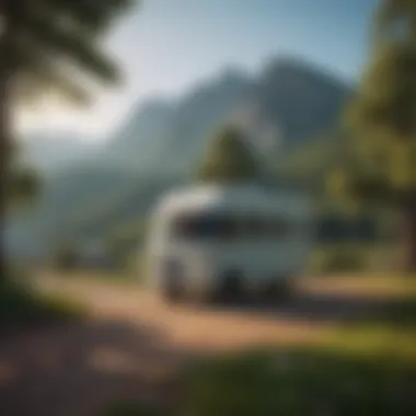 A scenic view of a camper parked in a picturesque landscape surrounded by trees and mountains.