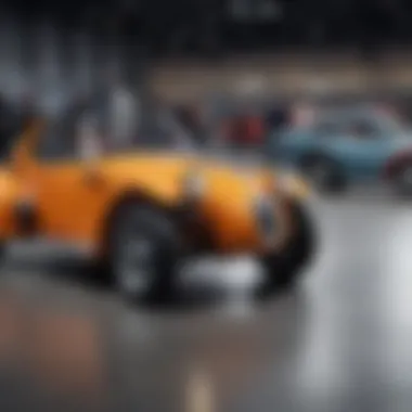 Diverse Models of Three-Wheel Electric Cars at an Exhibition A group of various three-wheel electric cars showcased at an auto show