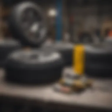 Tire installation tools laid out on a workshop bench