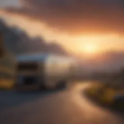 A trailer parked at a scenic location with a sunset backdrop.