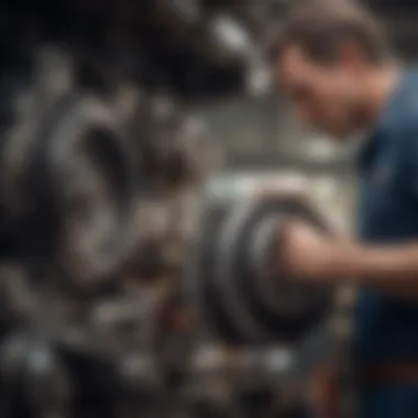 Inspection of Truck Engine for Quality Close-up view of a mechanic inspecting the engine of a used truck, emphasizing the importance of thorough checks.