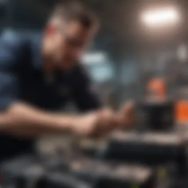 A mechanic performing a routine check on a car battery.