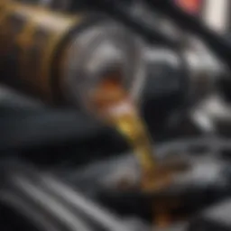 Close-up of synthetic oil pouring into an engine
