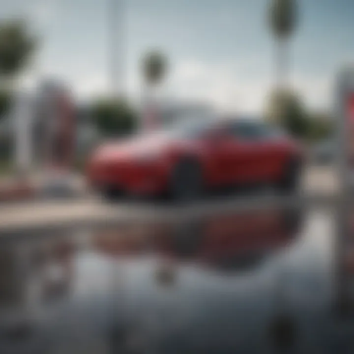 A Tesla vehicle charging at a Supercharger station, emphasizing sustainability