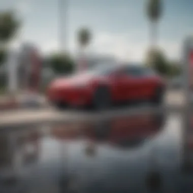 Sustainable Driving: Tesla's Charging Infrastructure A Tesla vehicle charging at a Supercharger station, emphasizing sustainability