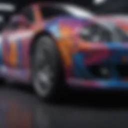 Close-up of a vehicle wrap showcasing vibrant colors and intricate designs