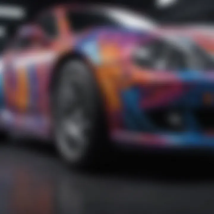 Close-up of a vehicle wrap showcasing vibrant colors and intricate designs