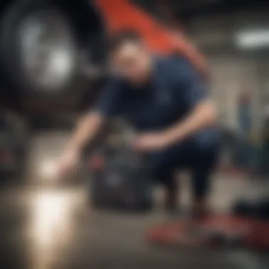 Effective Use of Battery Jump Pack in Automotive Settings An automotive technician utilizing a battery jump pack for a jump start in a garage setting